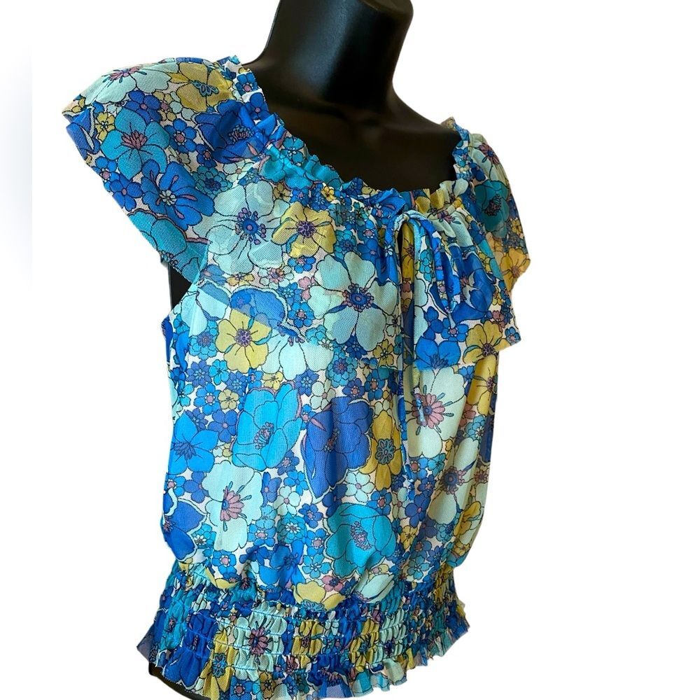 New Boho chic blue floral crop top | Bohemian off the shoulder juniors top Small - Picture 2 of 9